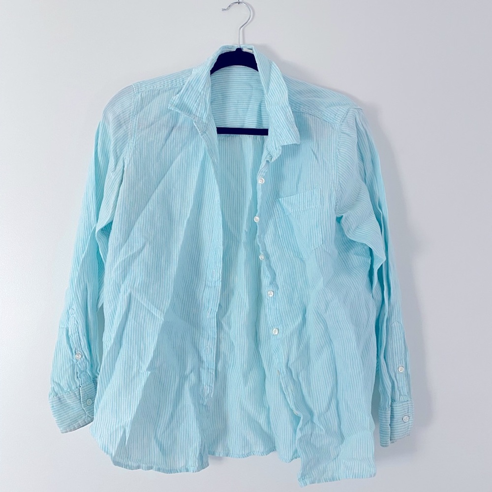 L.L. Bean Blue & White Striped Button Down Shirt 100% Linen